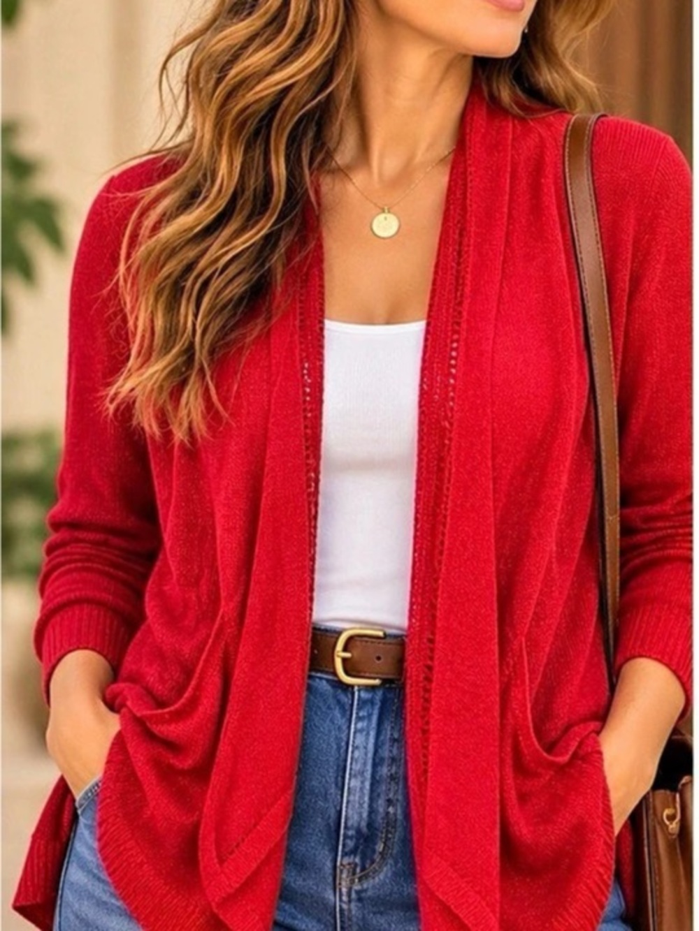 Eileen Fisher Red 100% Linen Open Cardigan L